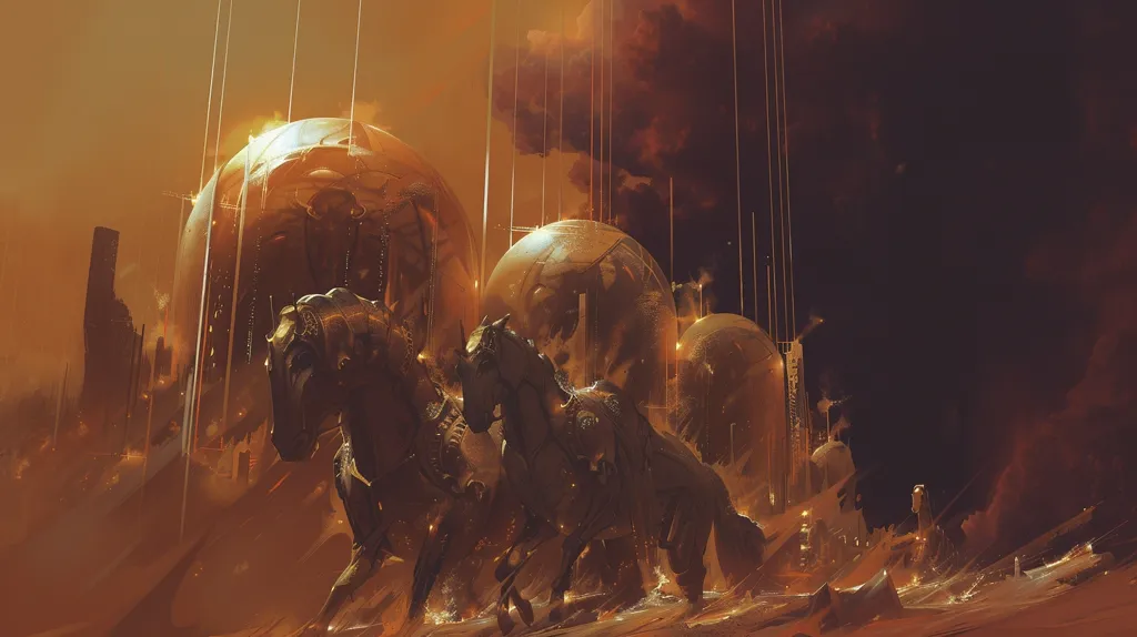 The image is a post-apocalyptic landscape with three large, glowing spheres in the background. The foreground is a desert with two armored horses galloping towards the viewer. The horses are ridden by armored warriors. The painting is full of rich detail and has a strong sense of atmosphere.