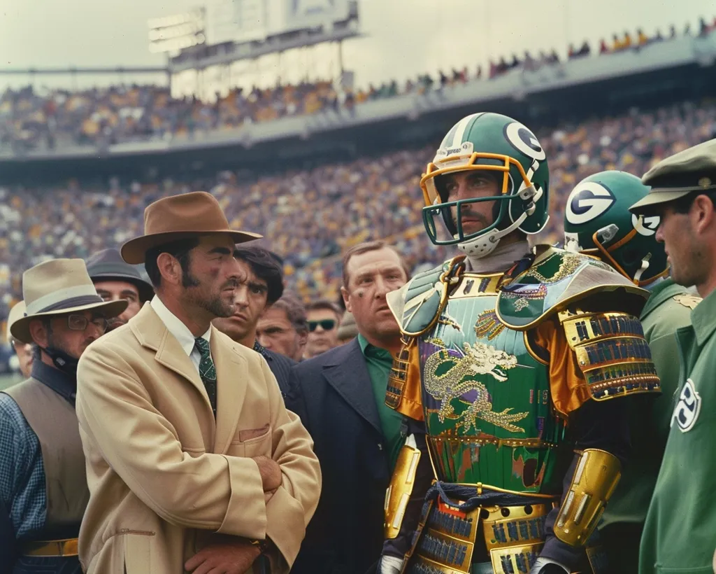 The image shows a football player in a green and gold uniform standing next to a man in a brown suit and hat. The football player is wearing a helmet and shoulder pads, and the man in the suit is holding a clipboard. They are standing on a football field, and there are people in the stands watching them.