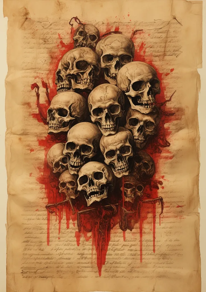 This is a drawing of a pile of skulls. The skulls are arranged in a haphazard way, and some of them are broken. The background is a parchment with handwritten text in Latin. The overall effect is one of macabre and decay.