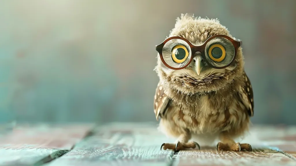 This is an image of an owl wearing plastic-framed glasses. The owl is looking at the camera with its head tilted slightly to the right. Its eyes are wide and yellow, and its feathers are brown and beige. The owl is standing on a wooden table or branch, and the background is a soft green.