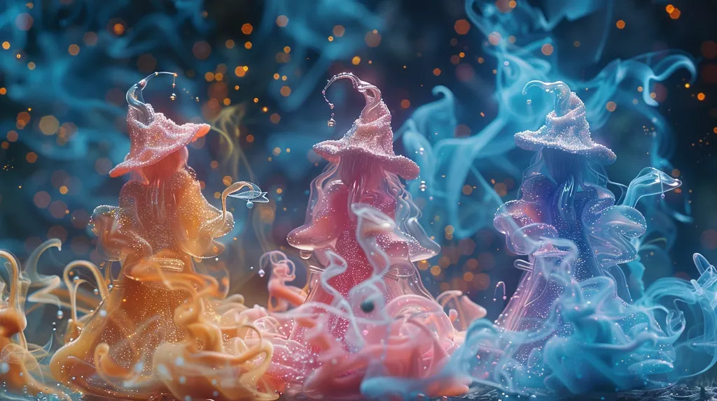 The image is of three figures that appear to be witches. They are made of a colorful, glowing liquid that is shaped like smoke. The figures are all wearing hats and have long, flowing hair. They are surrounded by a dark background with bright, glowing lights. The image is very beautiful and has a magical feel to it.