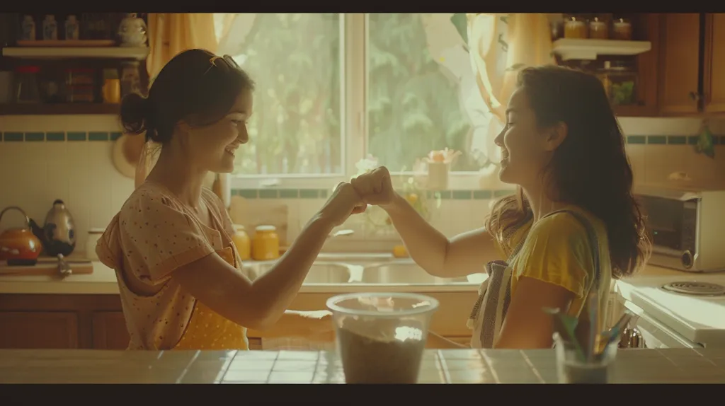 This is an image of two women in a kitchen. They are both smiling and have their arms in the air. One is wearing a yellow shirt, and the other is wearing a white shirt with polka dots. They are standing in front of a sink, and there is a bowl on the counter. The background is blurry, but it looks like there is a window and a shelf in the background.