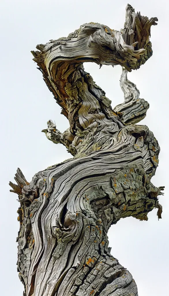 The image is a close-up of a dead tree branch. The branch is twisted and gnarled, and the bark is cracked and peeling. The wood is a light brown color, and the bark is a dark brown color. The background is a pale blue sky. The image is a good example of how nature can create beautiful and interesting forms.