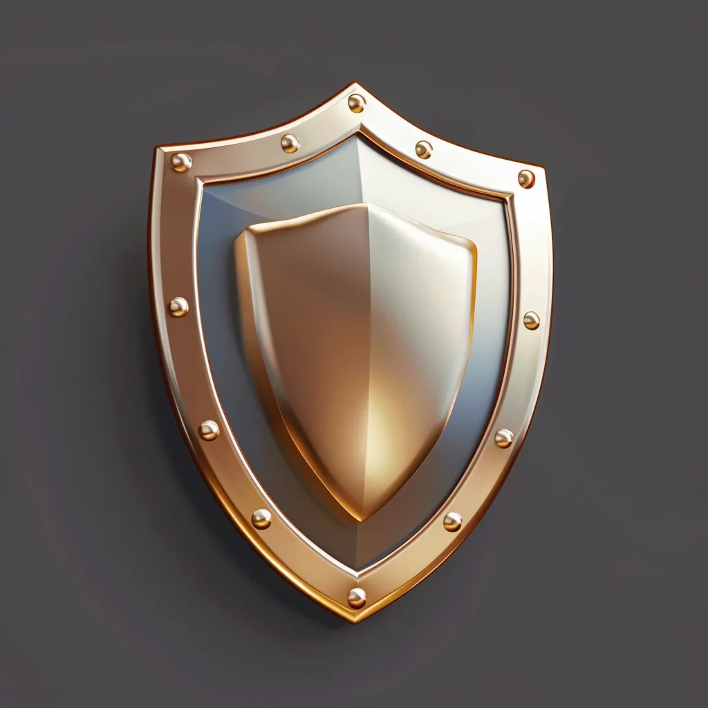 The image is a 3D rendering of a bronze shield. The shield is round and has a raised boss in the center. The boss is surrounded by rivets. The shield is also decorated with rivets around the edge. The shield is shown against a dark background.