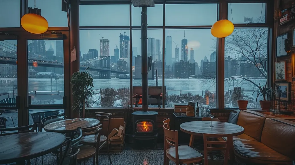 The image is a view of a city from a restaurant. The restaurant has a large window that looks out onto the city. There are several tables and chairs in the restaurant, and a fireplace is burning in the corner. The city is covered in snow, and the sky is cloudy. The image is warm and inviting, and it makes you want to curl up with a good book or a cup of coffee and enjoy the view.