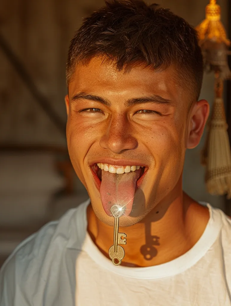 This image shows a young man with a gold key in his mouth. He is smiling and has his tongue out. The key is hanging from a chain around his neck. The man's hair is short and dark. His eyes are brown and he has a light tan. He is wearing a white shirt and he is standing in front of a white background.
