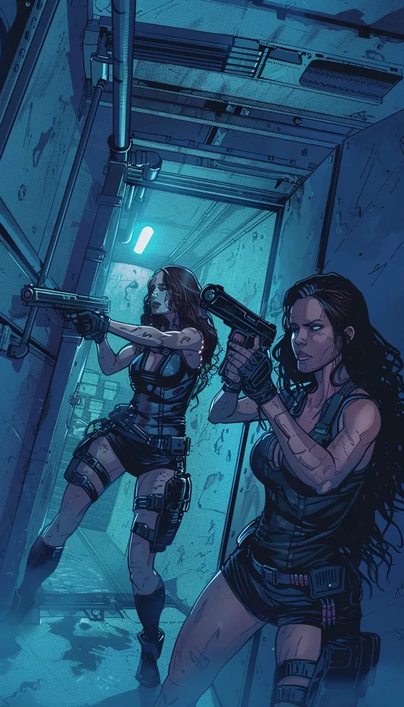 This is a picture of two women in a dark room. They are both dressed in black and armed with guns. They look like they are about to engage in a fight. The background is a dark blue color and there are some pipes and other objects in the background.