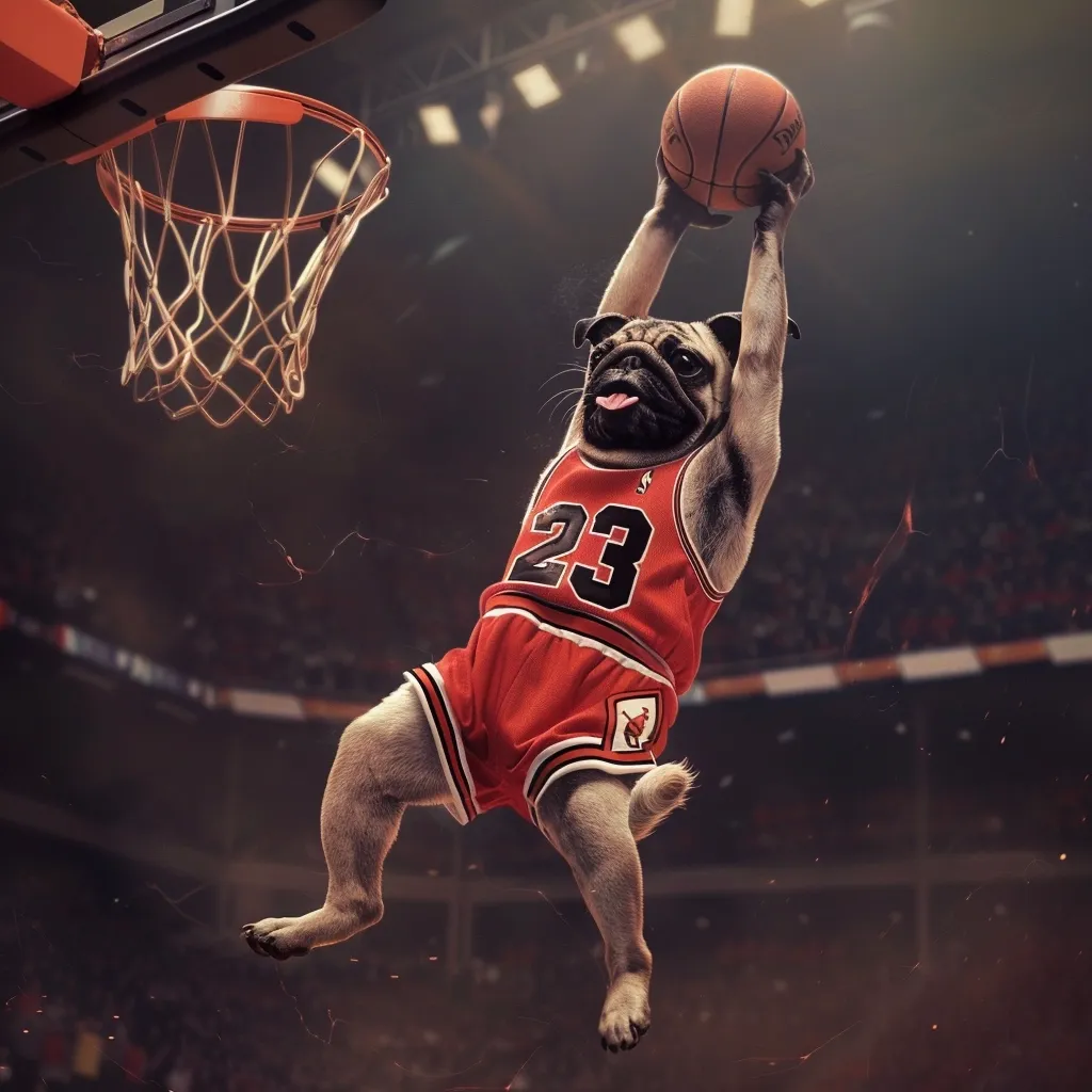 The image shows a pug dog in a basketball uniform, with the number 23 on its jersey. It is in mid-air, dunking a basketball with its tongue out. The background is a basketball court with a hoop and a crowd of spectators. The dog is wearing a jersey that says "Bulls" on the front and has the number 23 on the back. The dog's expression is one of determination and focus. It is clear that the dog is very athletic and is enjoying the game.