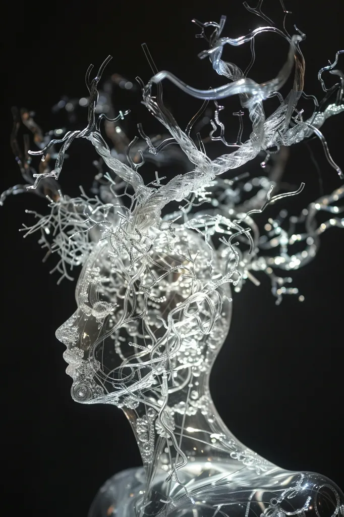 The sculpture is a woman's head made of glass. It is transparent and you can see the inside of the head. There are a lot of small details, like veins and wrinkles. The sculpture is very realistic and it looks like a real woman.