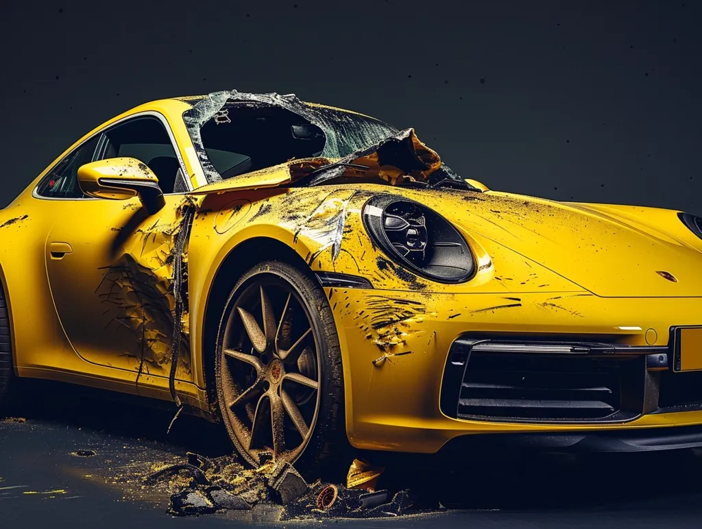 The image shows a yellow Porsche 911 GT3 RS that has been damaged in an accident. The car has a shattered windshield, a broken headlight, and a crumpled hood. The car is also covered in dust and debris. The car is sitting on a dark background.