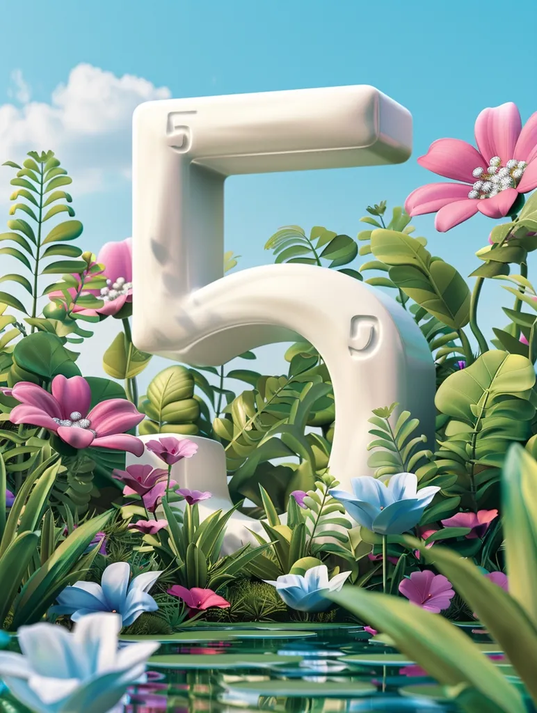 The image is a 3D rendering of a white number five. The number is surrounded by green leaves and pink, blue, and purple flowers. The background is a blue sky with white clouds. The number five is in a serif font and has a glossy surface. The leaves have different shapes and sizes and are arranged in a way that suggests they are growing around the number five. The flowers are also in different shapes and sizes and are arranged in a way that suggests they are blooming around the number five. The image is very colorful and has a happy, cheerful feel to it.
