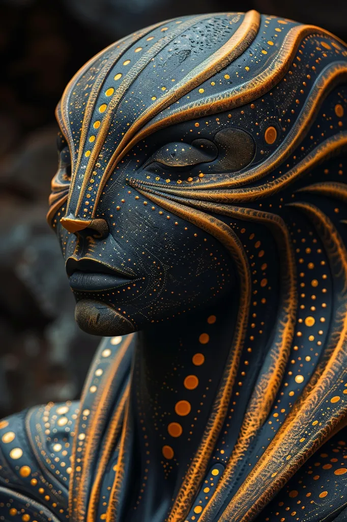 The image is a 3D rendering of a female face. The face is dark blue with golden yellow dots all over. The face has a very unique and alien-like appearance. The eyes are almond-shaped and the nose is small and flat. The lips are full and the chin is pointed. The face is also very symmetrical. The image is very detailed and realistic.
