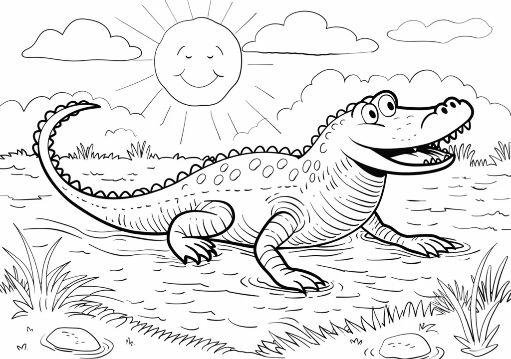 The image shows an alligator in a river. The alligator is smiling and has its mouth open. Its tail is long and curved. The river is surrounded by tall grass and the sun is shining brightly overhead. There are clouds in the sky and the sun is smiling.