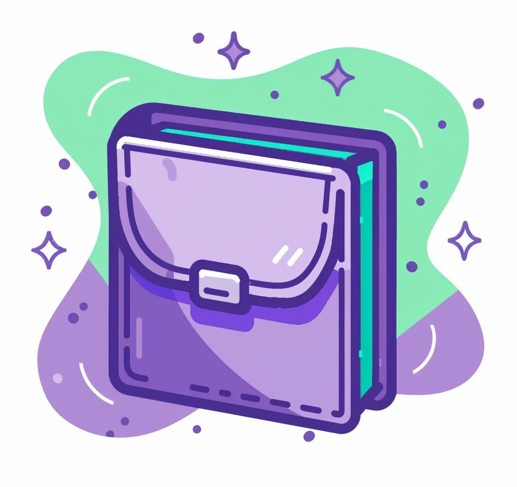 This is a vector illustration of a purple briefcase. The briefcase is closed and has a shiny light blue buckle. The briefcase is set against a pale green background with a white circle in the center. There are also some sparkles around the briefcase.