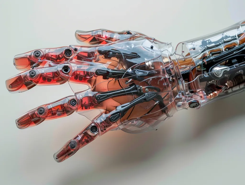 The image is a transparent robotic hand. You can see all the internal mechanisms, wires, and joints. The hand is made of a strong, lightweight material. It is designed to be durable and flexible. The robotic hand is a marvel of engineering and design. It is a testament to the ingenuity and creativity of humans.
