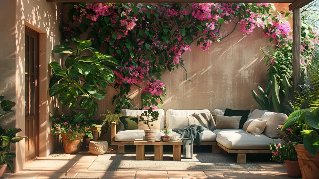 This is a beautiful outdoor living space. There is a comfortable couch and chair with a coffee table in the center. The space is surrounded by lush plants and flowers, and there is a door leading to the inside of the home. The overall effect is one of peace and tranquility.
