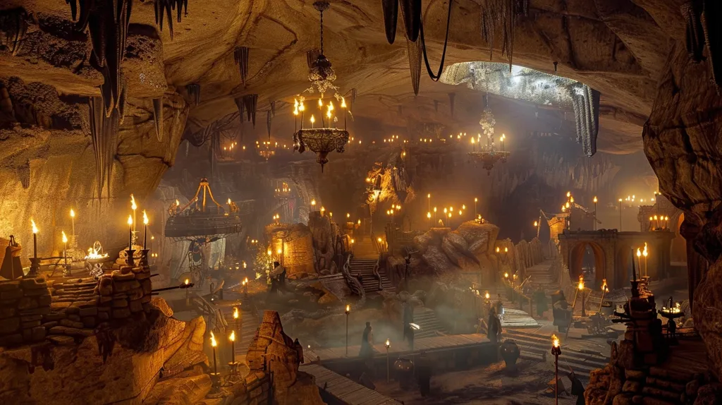 The image shows a large cave with many candles and chandeliers. There is a path leading through the cave, and there are people walking around. The cave is decorated with statues and paintings.
