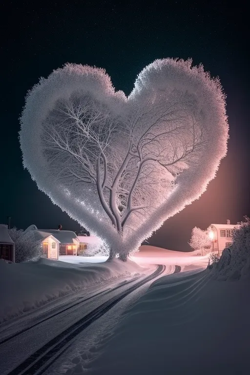 It's a winter night. The snow is falling. The trees are bare. But one tree stands out. It's a heart-shaped tree. The heart is made of snow. The tree is lit up from the inside. It's a beautiful sight.