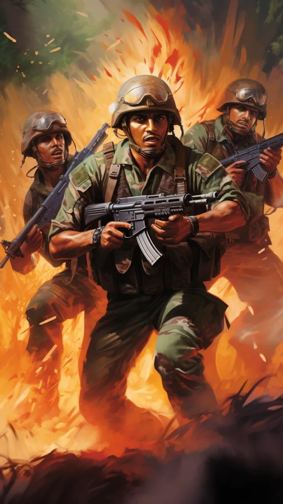 Three soldiers are running through a war zone. They are all wearing military gear and carrying guns. The background is a blur of orange and yellow, suggesting that there is an explosion happening behind them. The soldiers' faces are determined and focused, and they are clearly trying to get to safety.