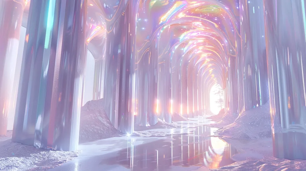 The image is a long, arched hallway with a high ceiling. The walls are lined with tall, slender columns that are glowing with a soft, iridescent light. The floor is covered in a thin layer of snow. At the end of the hall is a large, glowing orb that is casting a warm, pink light. The image is very calming and peaceful.