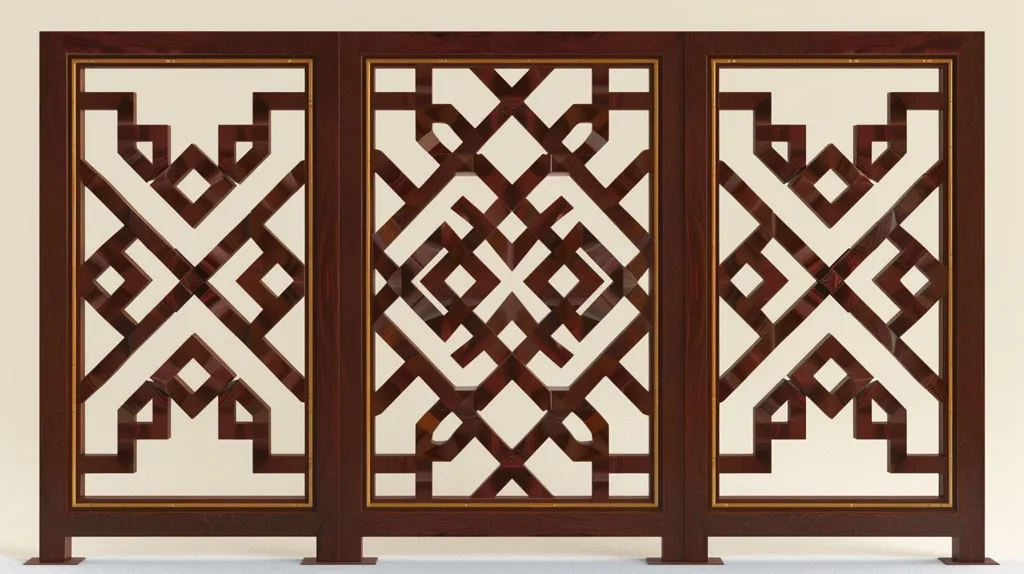 The image is a 3D model of a Chinese-style screen. The screen is made of wood and has a dark brown finish. The screen is divided into three panels, each of which has a geometric pattern. The pattern is made of interlocking squares and diamonds and has a gold finish. The screen is supported by two legs that are also made of wood and have a dark brown finish.