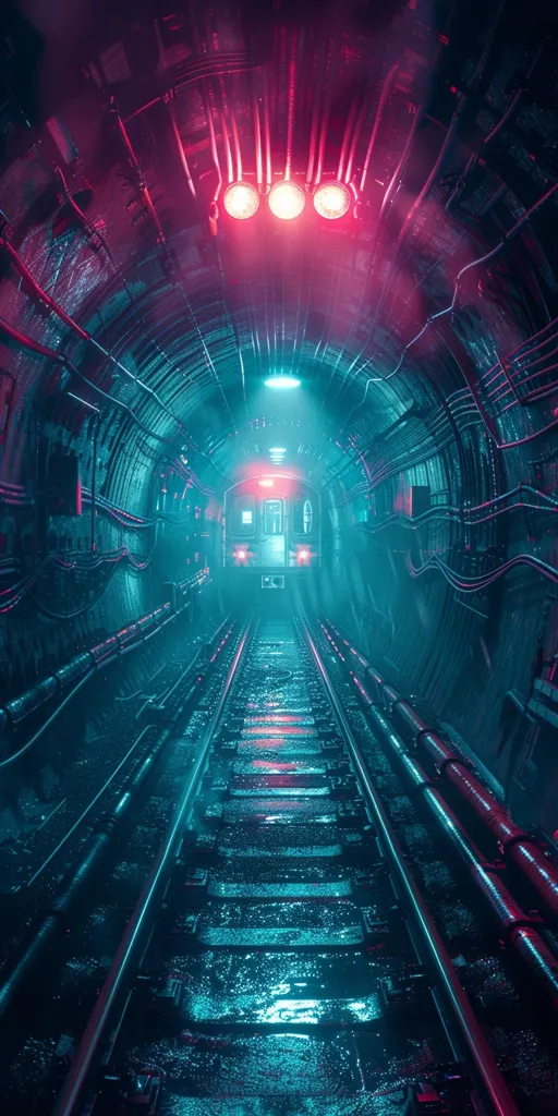 The image is set in a dark and mysterious tunnel. The only light comes from the three red lights in the distance and the blue lights on the tracks. The tunnel is lined with pipes and cables, and the tracks are wet and glistening. There is a train in the distance. The image is full of atmosphere and suspense. It is unclear what is happening or where the train is going. The image is open to interpretation and can be seen as a metaphor for life's journey.