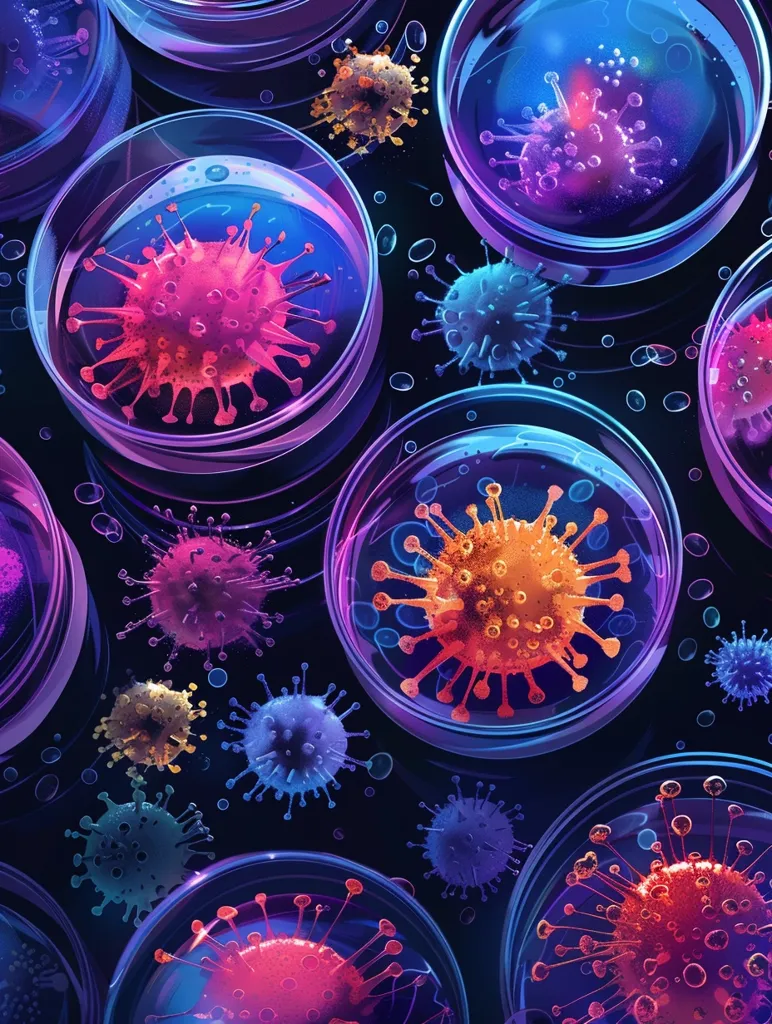 A petri dish is a shallow cylindrical glass or plastic container used to hold and grow microorganisms or cells. The image shows a group of viruses in petri dishes. The viruses are of different colors and shapes. Some of them are round, while others are oval or rod-shaped. The viruses are also of different sizes. Some of them are very small, while others are quite large. The viruses are suspended in a liquid that is contained in the petri dish. The liquid is clear, so that the viruses can be easily seen. The petri dish is placed on a black background, so that the viruses stand out.