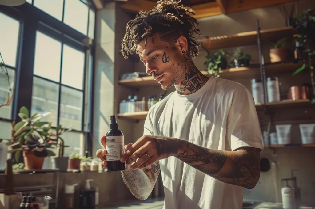The image shows a young man with tattoos on his face and arms. He is standing in a kitchen, holding a bottle of lotion. He is looking at the bottle, probably reading the label. He has a serious expression on his face. He is wearing a white T-shirt and his hair is in dreadlocks. He has a lot of plants in the background.