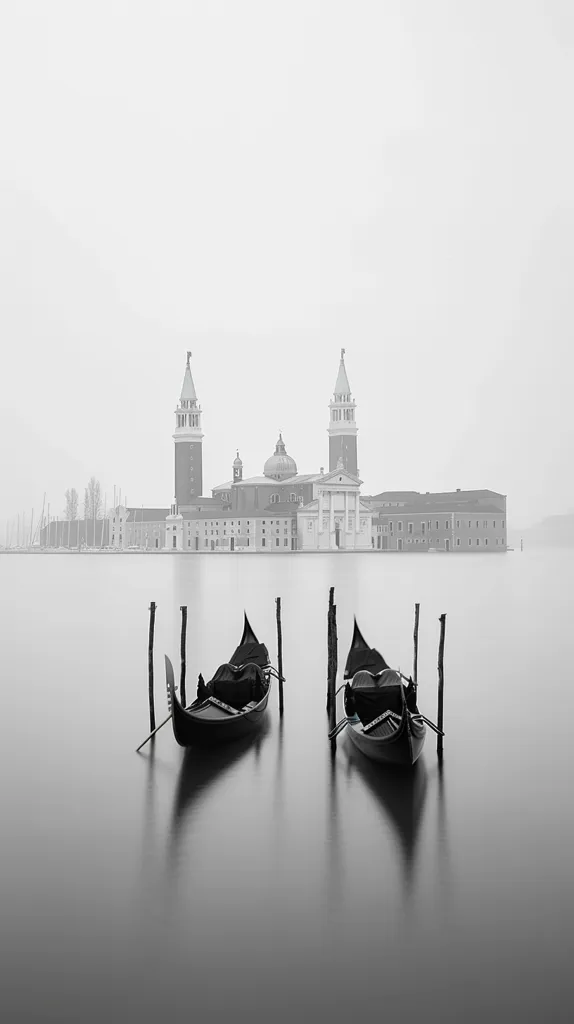 The image is in black and white. It shows two gondolas on a canal in Venice. In the background, there is a large building with two towers. The water is very still and there is a building in the distance. The sky is foggy and there are no people in the image.