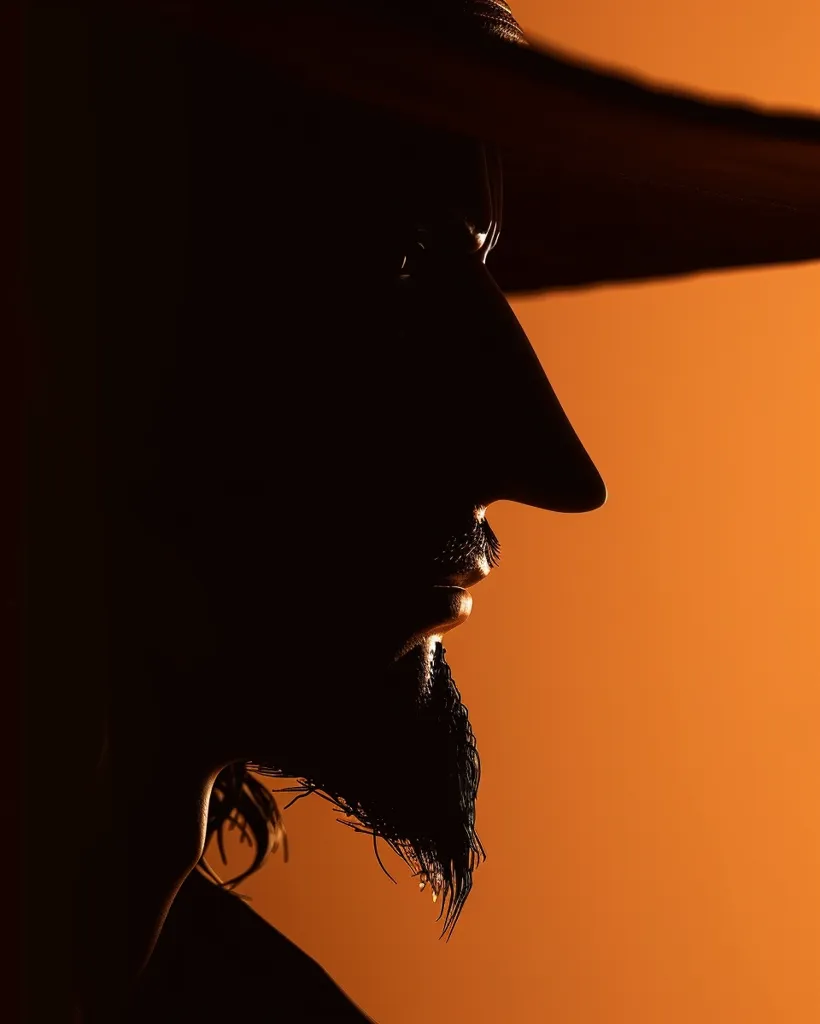 The image is a silhouette of a man's face. He is wearing a hat and has a beard. The light is shining from the right side of his face, creating a shadow on the left side. The man's expression is serious. He looks like he is in deep thought.