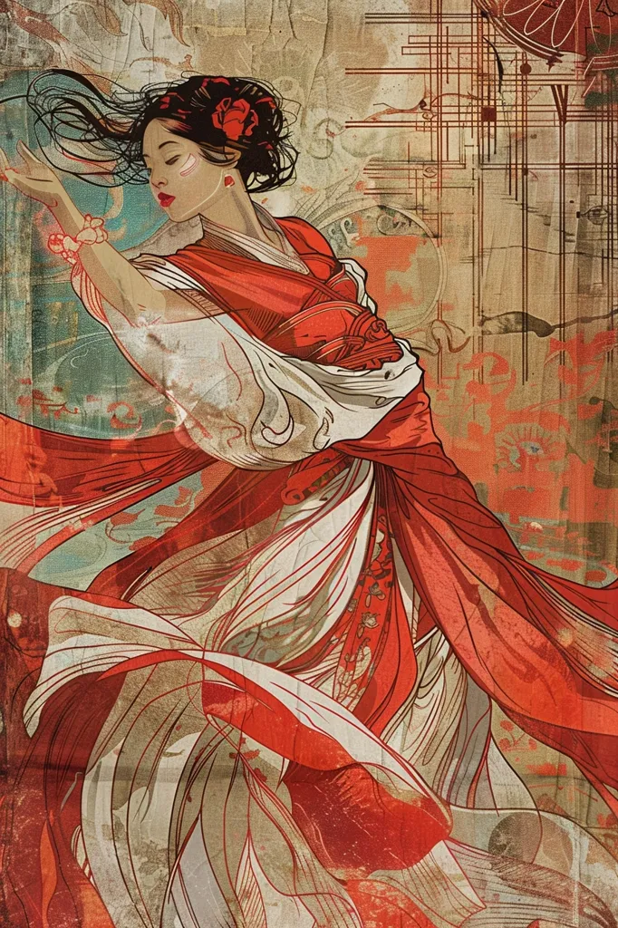 The image is a depiction of a Japanese woman in traditional dress. She is wearing a red kimono with a white obi sash and has her hair tied up in a bun with a red flower簪. The background is a geometric pattern in muted colors. The woman's face is serene, and she seems to be in motion, perhaps dancing or walking. The image is a beautiful and stylized depiction of traditional Japanese culture.