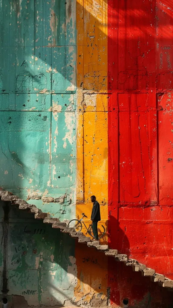 The image shows a man walking his bicycle up a flight of stairs. The stairs are painted in three different colors: blue, yellow, and red. The man is wearing a black jacket and pants. The background is a large wall painted in the same three colors as the stairs. The wall is also covered in graffiti.