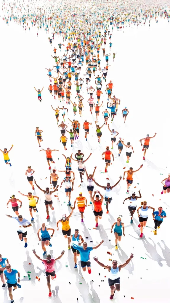 A large group of people are running towards the viewer. They are all wearing colorful clothing and have their arms raised in the air. The background is white, which makes the people stand out. The image is very dynamic and conveys a sense of excitement and energy. It is a painting, not a photograph.