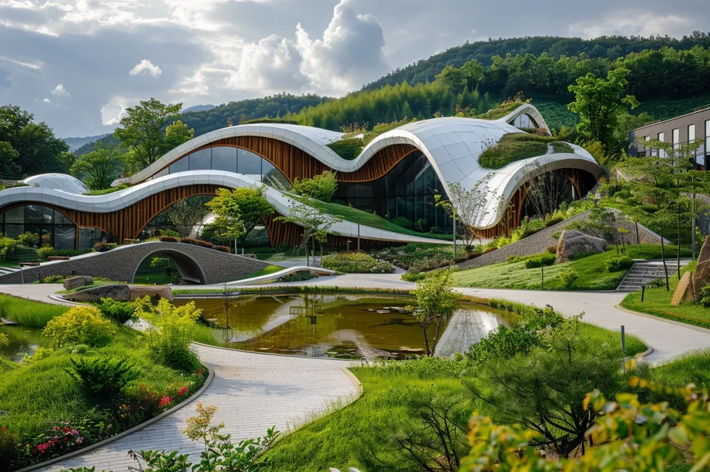 The image features a modern building with a curved, wave-like roof. The building is surrounded by lush greenery and a pond. The sky is blue and cloudy. The overall atmosphere is one of peace and tranquility.