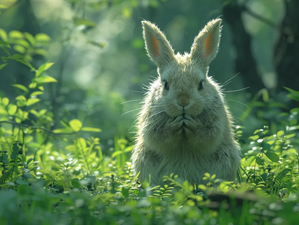 This is a picture of a rabbit in a lush green forest. The rabbit is sitting on a bed of soft green moss, surrounded by tall grass and ferns. The sun is shining through the trees, creating a dappled pattern on the forest floor. The rabbit is perfectly still, as if it is listening to something. Its ears are perked up and its eyes are wide open. It looks very alert and curious. The picture is very peaceful and serene.