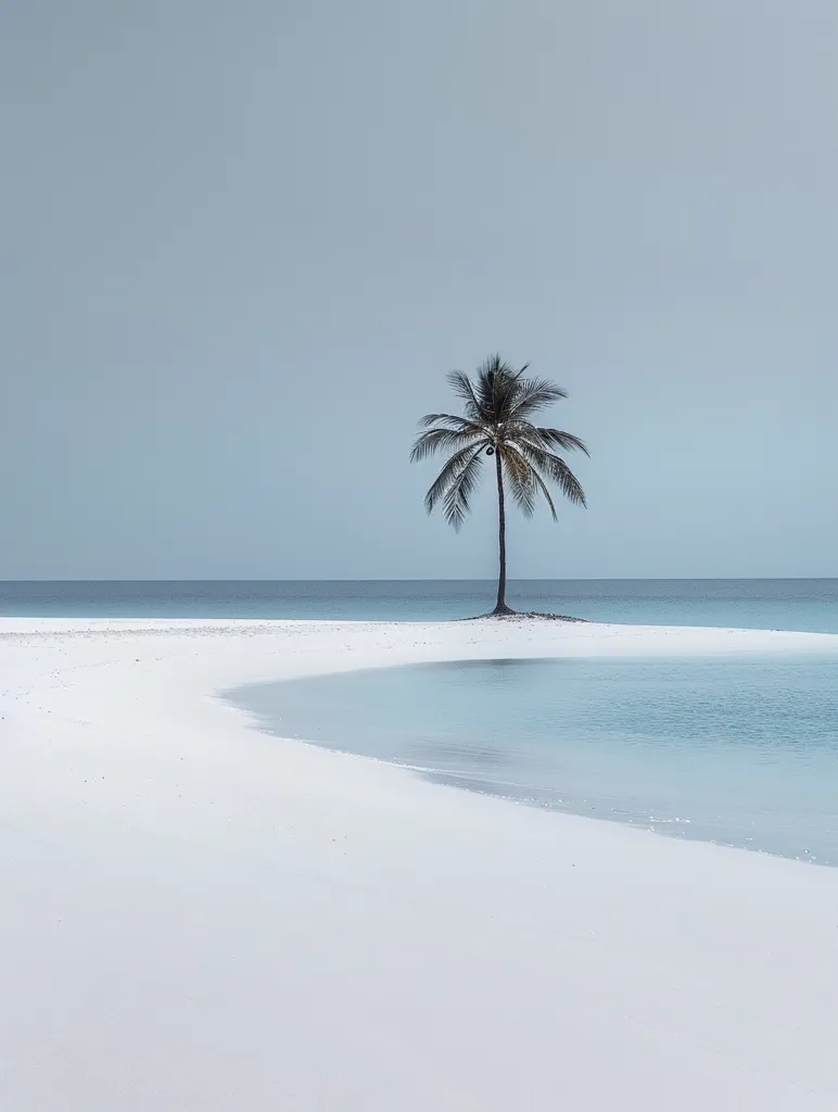 The image is a beautiful landscape of a tropical beach. The white sand is pristine and the water is crystal clear. A lone palm tree stands in the center of the image, its leaves blowing in the wind. The sky is a gradient of blue, with light blue at the top and darker blue at the bottom. The image is peaceful and serene, and evokes a sense of relaxation and tranquility.