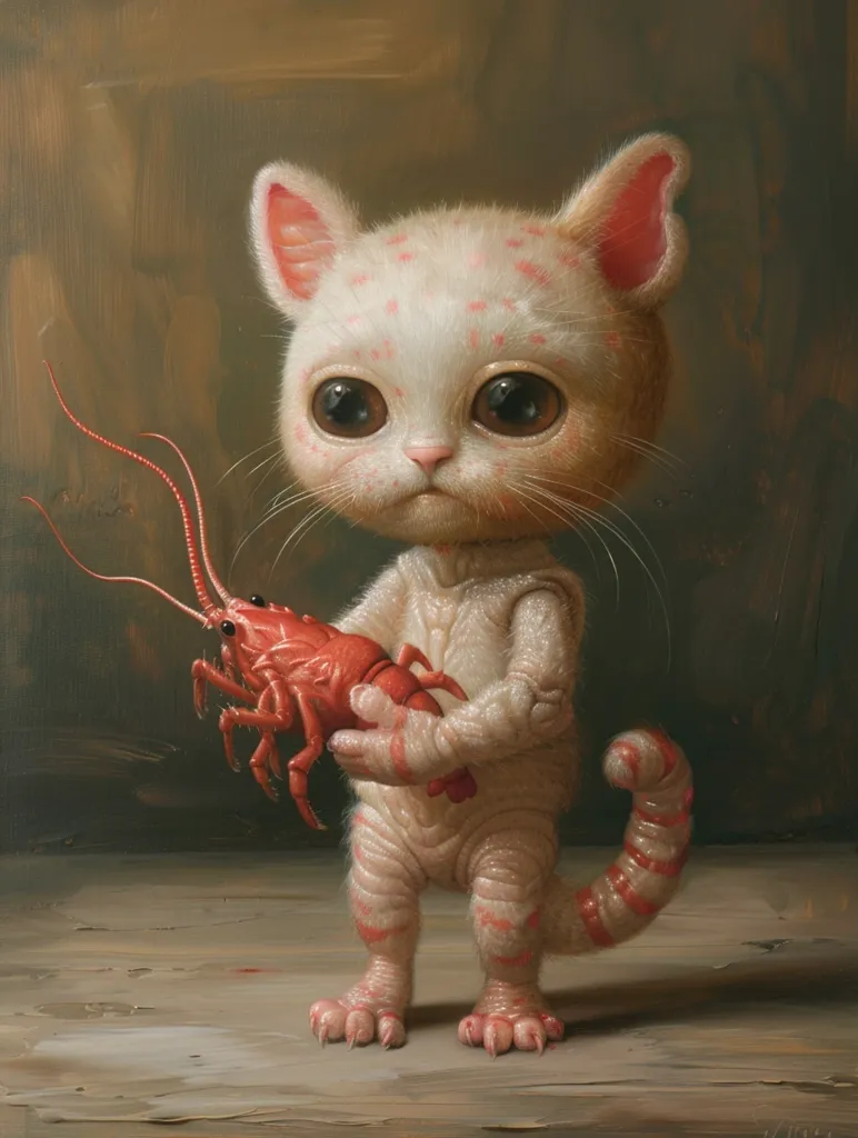 The image is a painting of a cat-like creature with lobster claws for hands. The creature is standing on a wooden table or floor. The background is a dark brown color. The creature is white with pink ears and a pink tail. The lobster claws are a bright red color. The creature is looking at the viewer with a curious expression.