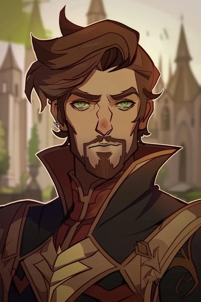 The man in the picture has brown hair and green eyes. He is clean-shaven and has a small scar on his left cheek. He is wearing a dark red coat with gold trim and a white shirt with a high collar. He has a serious expression on his face. He looks like he is about to engage in a duel.