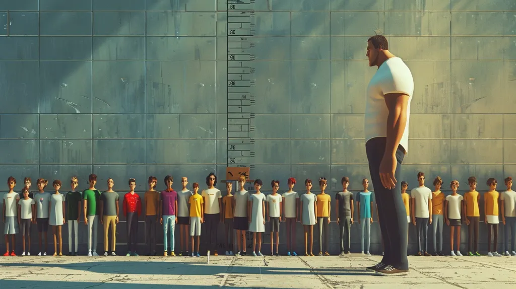 The image shows a group of people of varying heights standing in a row against a wall. The people are all wearing casual clothes. The wall has a grid drawn on it, and the people are standing in front of it. There is a very tall person standing at the end of the row.