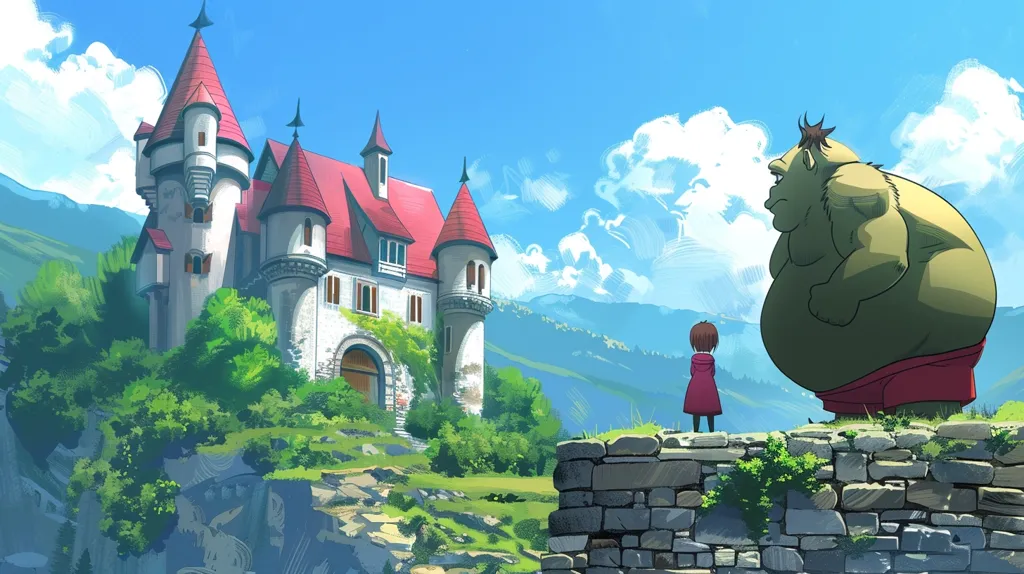 The image is of a girl standing on a cliff, looking at a castle in the distance. The castle is large and imposing, with red roofs and tall towers. The girl is wearing a red dress and has short brown hair. She is standing next to a large, green ogre. The ogre is wearing a loincloth and has a club in his hand. The background is a mountainous landscape, with green hills and blue skies.