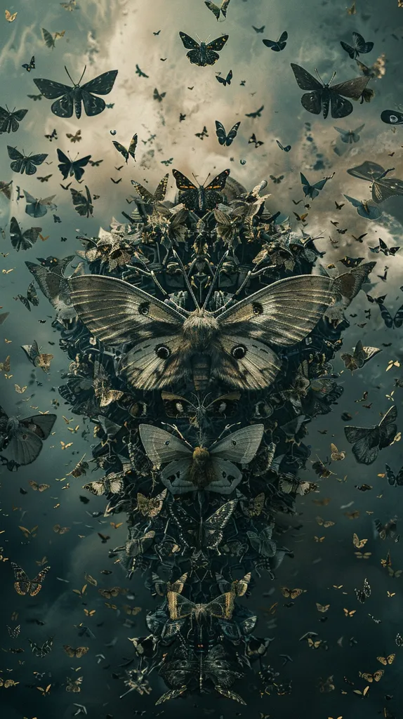 The image is a dark and moody portrait of a woman's face. Her eyes are closed and her expression is serene. She is wearing a headdress made of butterflies and moths. The butterflies and moths are arranged in a symmetrical pattern and their wings are outspread. The background is a dark, stormy sky. The image is both beautiful and unsettling. It is a reminder of the beauty and fragility of life.