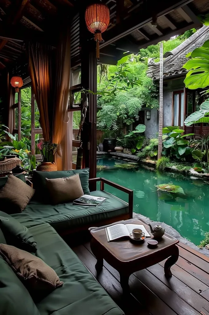 The image shows a beautiful living space that is open to the outdoors. There is a comfortable sofa and chair with a table in front of it. The table has a book, teacups, and a teapot on it. The living space is surrounded by lush greenery and a pond. The overall effect is one of peace and tranquility.