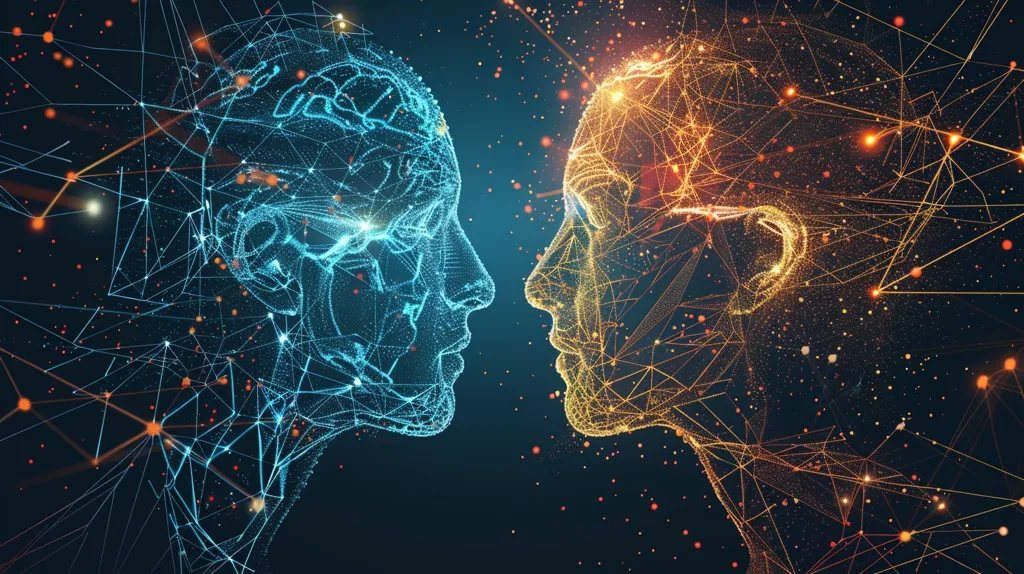 The image is of two human faces. The face on the left is blue and the face on the right is orange. Both faces are made up of a network of tiny dots that are connected by lines. The background is a dark blue color. The image is very detailed and looks like it was created using a computer program.