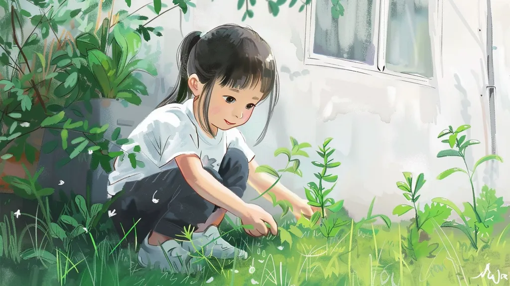 The little girl is wearing a ponytail, a white T-shirt, and gray pants. She is squatting in the garden, carefully picking the vegetable. The girl's face is serene, and she seems to be enjoying the moment. The background of the picture is a house, and there are some plants in the distance.