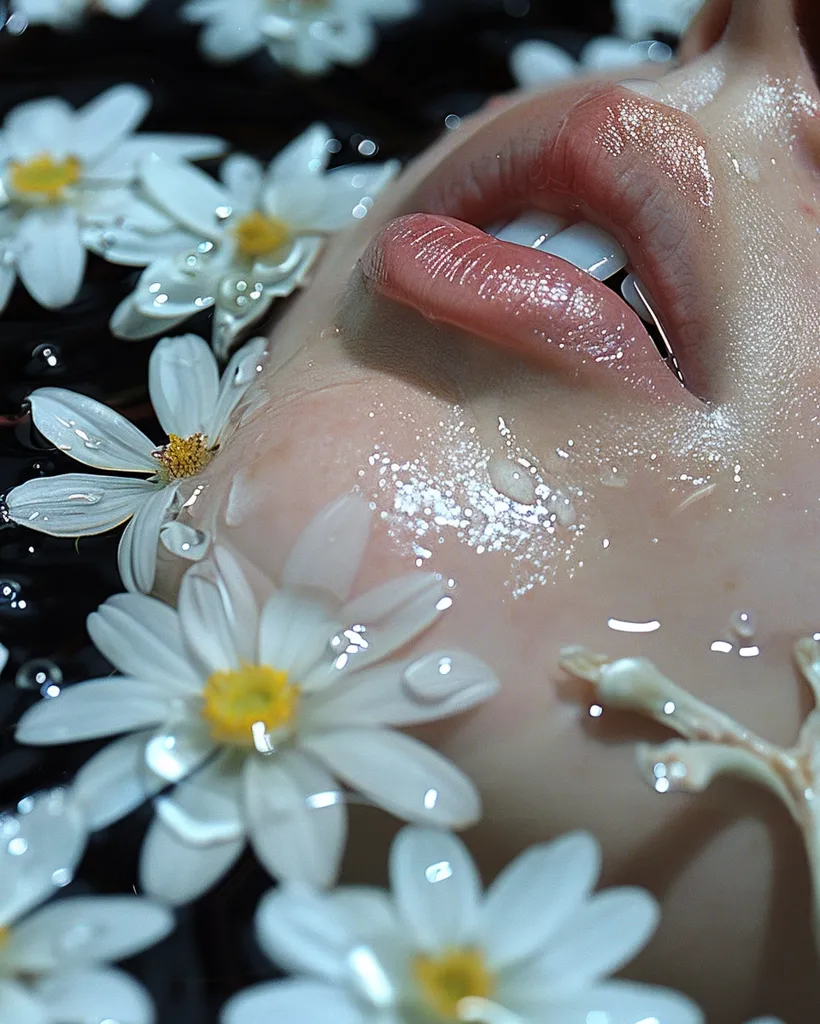 The image is a close-up of a woman's face. Her lips are slightly parted and her eyes are closed. Her face is covered in water droplets and there are white flowers floating around her. The image is very ethereal and beautiful. It looks like a scene from a dream.
