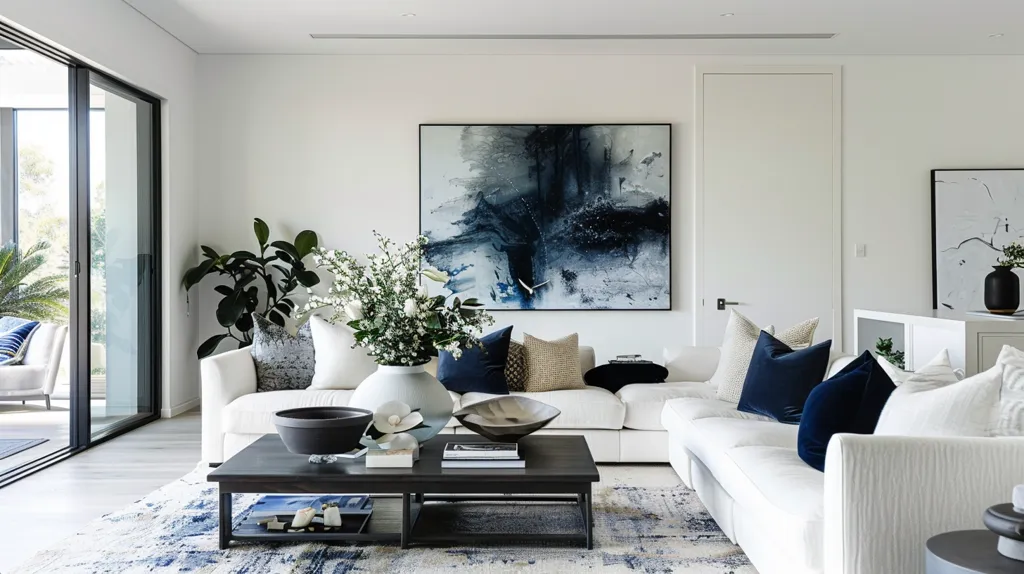 The living room is decorated in a modern style. There is a large white sofa with blue and gray pillows. A coffee table is in front of the sofa, and there is a large blue and white rug under the coffee table. There is a painting on the wall behind the sofa, and there are two plants in the corner of the room.