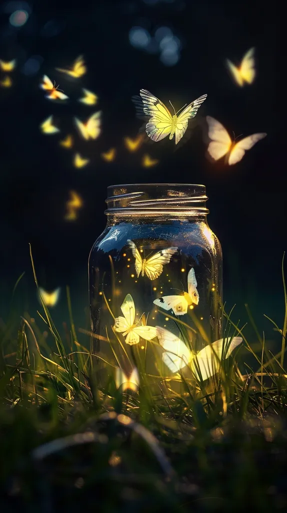 The image is a beautiful and surreal depiction of butterflies escaping from a jar. The jar is sitting in a field of grass, and the butterflies are flying out of it in all directions. The butterflies are glowing, which creates a magical and ethereal atmosphere. The image is full of hope and freedom and is a reminder that even in the darkest of times, there is always hope for a brighter future.