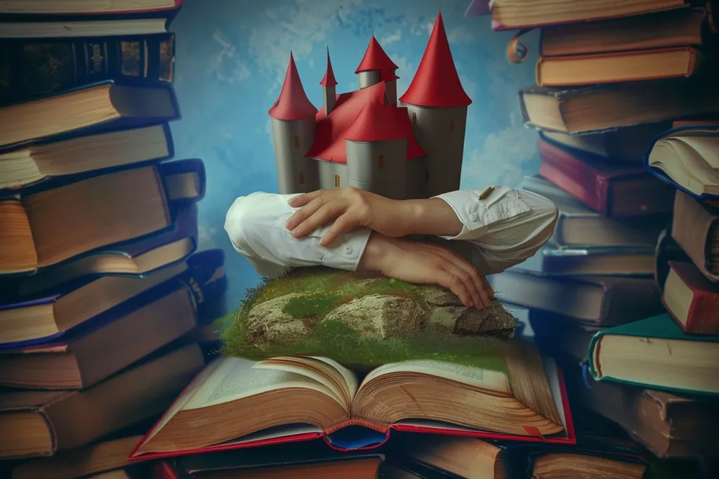 The image shows a stack of books with an open book on top. On the open book, there is a small castle with red roofs. The castle is surrounded by two hands, which are holding the castle. The background is a blue sky with white clouds. The image is about the power of imagination and the ability of books to transport us to other worlds.