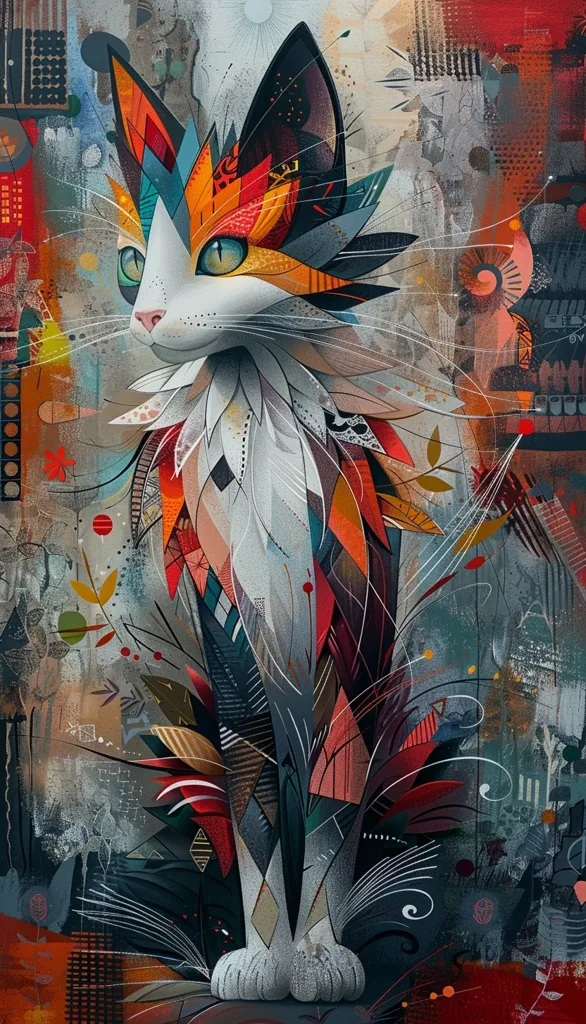 This is a painting of a cat. The cat is sitting and looking to the left. It has a white body with colorful fur. The fur is orange, yellow, and green. The cat's eyes are blue and it has a black nose. The background of the painting is a colorful abstract pattern.