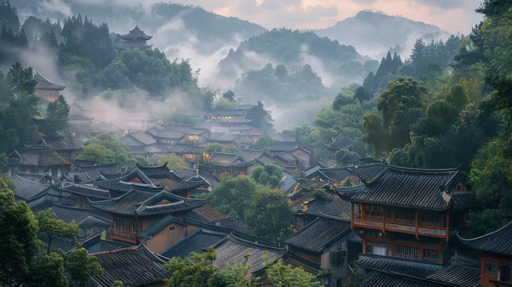 The image shows a beautiful landscape of a village in the mountains. The village is surrounded by lush green trees and the houses have black roofs. The weather is foggy and cloudy, but it adds to the beauty of the scene. The village looks very peaceful and quiet, and it seems like a perfect place to relax and escape from the hustle and bustle of city life.